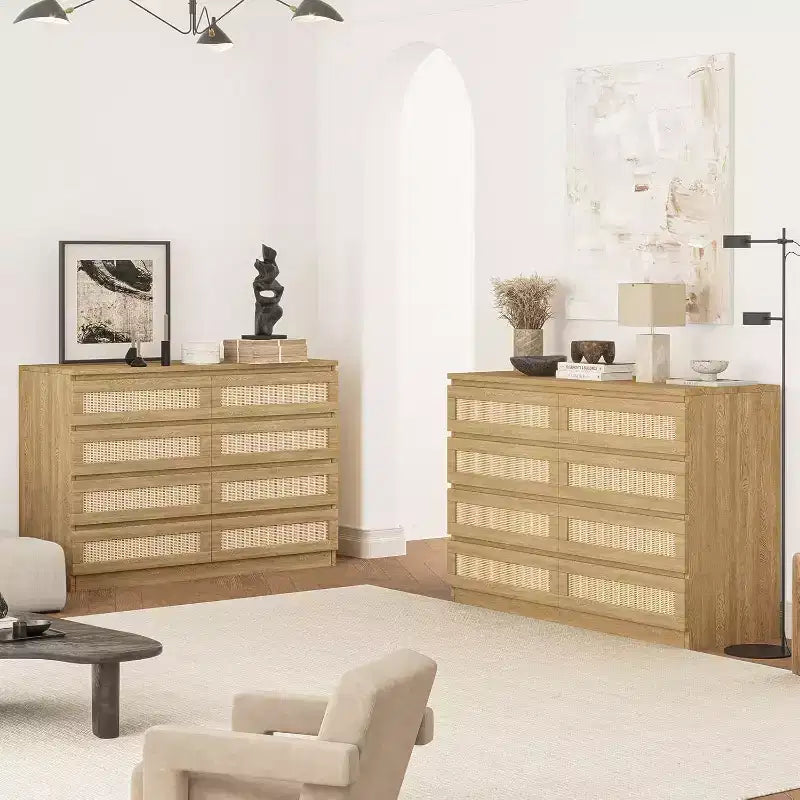 Comò doppio in rattan a 8 cassetti, mobile contenitore moderno in legno per camera da letto, cameretta, cabina armadio, soggiorno e ingresso