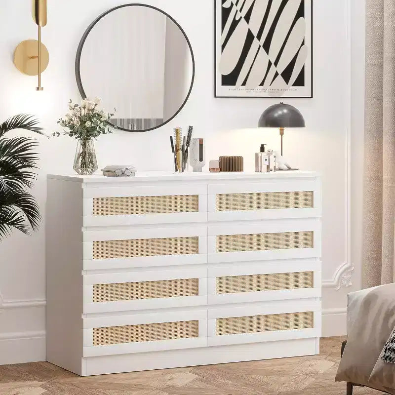 Comò doppio in rattan a 8 cassetti, mobile contenitore moderno in legno per camera da letto, cameretta, cabina armadio, soggiorno e ingresso