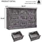 Credenza da fattoria da 55 pollici con 9 cassetti, ampio armadio rustico in legno con colonna romana per la camera da letto