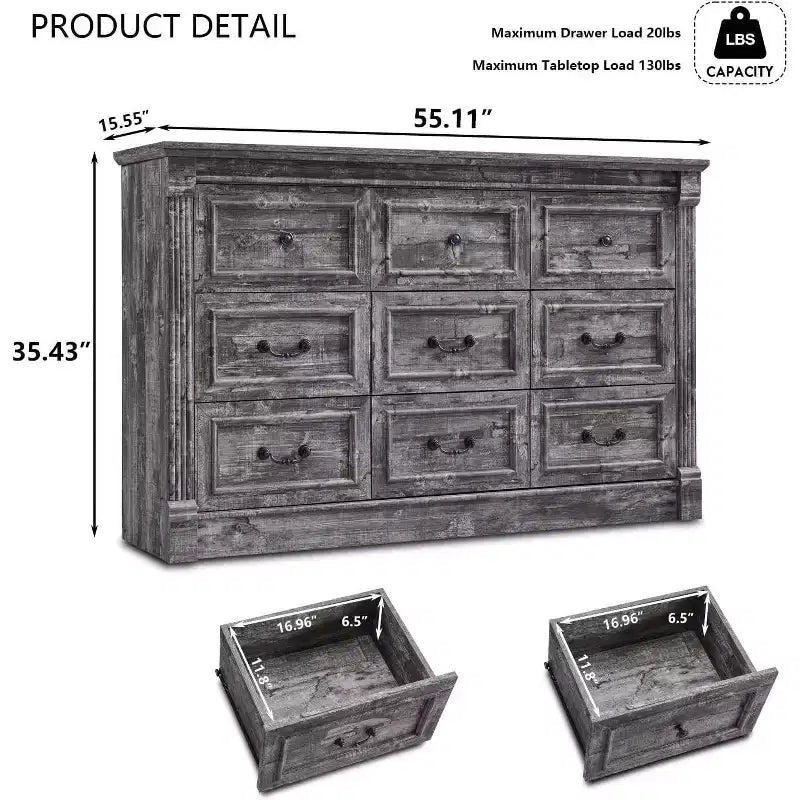 Credenza da fattoria da 55 pollici con 9 cassetti, ampio armadio rustico in legno con colonna romana per la camera da letto