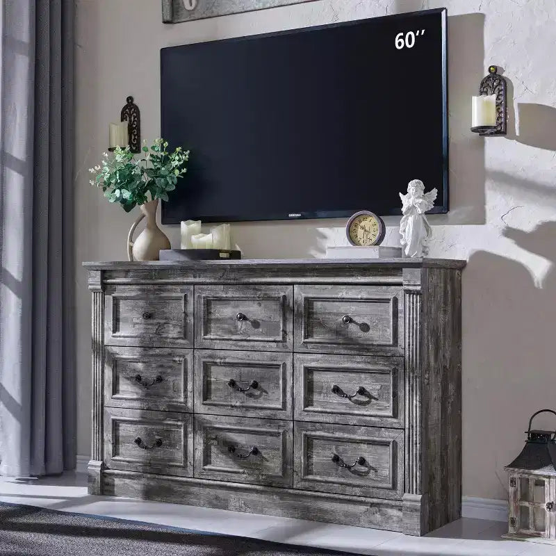 Credenza da fattoria da 55 pollici con 9 cassetti, ampio armadio rustico in legno con colonna romana per la camera da letto