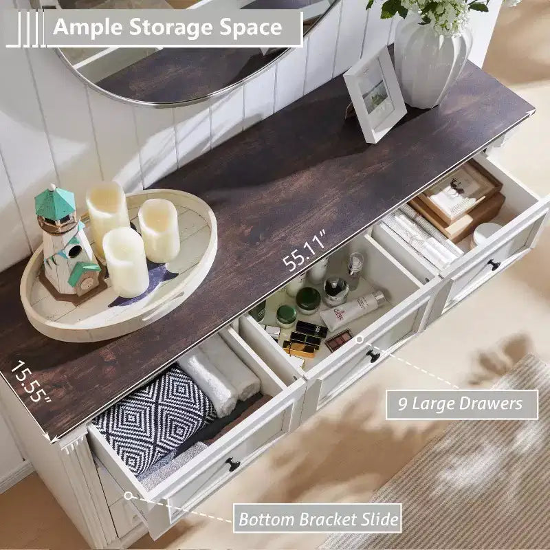 Credenza da fattoria da 55 pollici con 9 cassetti, ampio armadio rustico in legno con colonna romana per la camera da letto
