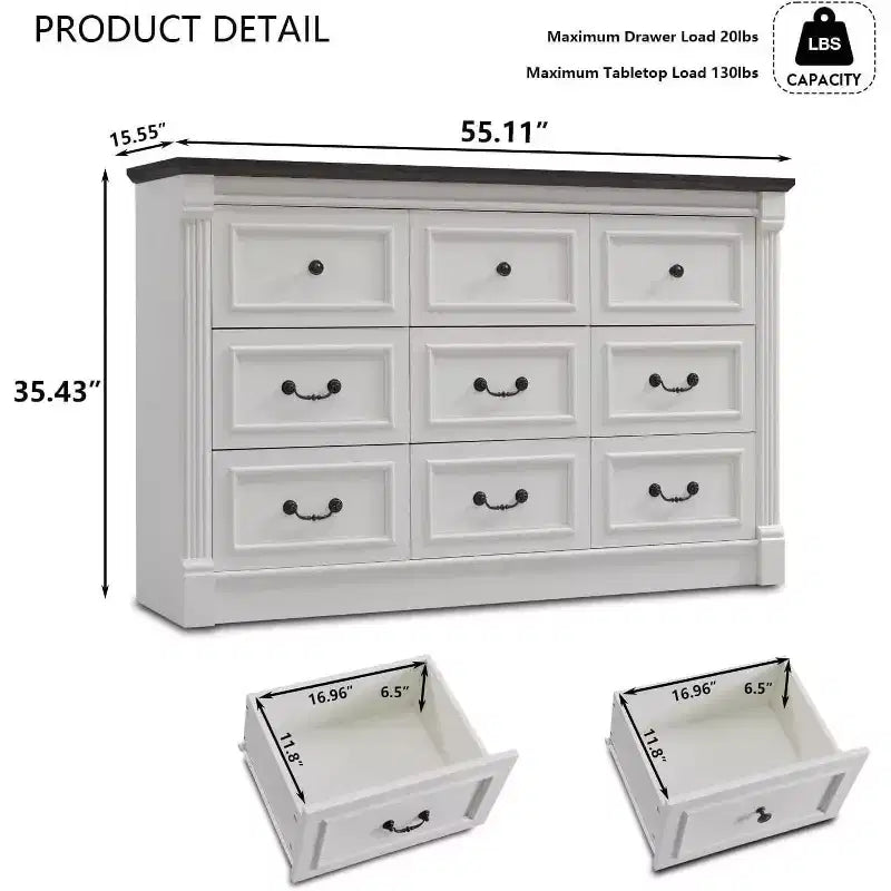 Credenza da fattoria da 55 pollici con 9 cassetti, ampio armadio rustico in legno con colonna romana per la camera da letto