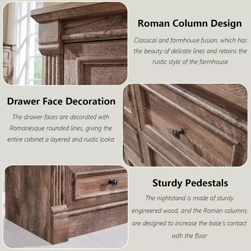 Credenza da fattoria da 55 pollici con 9 cassetti, ampio armadio rustico in legno con colonna romana per la camera da letto