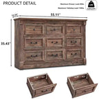 Credenza da fattoria da 55 pollici con 9 cassetti, ampio armadio rustico in legno con colonna romana per la camera da letto