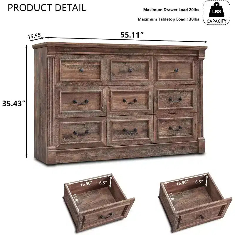 Credenza da fattoria da 55 pollici con 9 cassetti, ampio armadio rustico in legno con colonna romana per la camera da letto