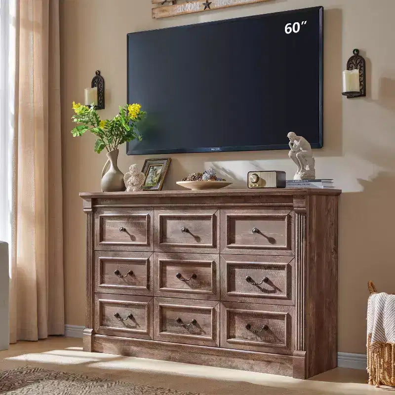 Credenza da fattoria da 55 pollici con 9 cassetti, ampio armadio rustico in legno con colonna romana per la camera da letto