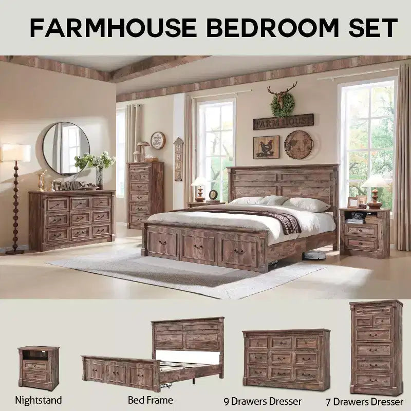 Credenza da fattoria da 55 pollici con 9 cassetti, ampio armadio rustico in legno con colonna romana per la camera da letto