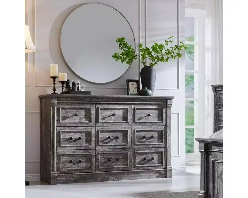 Credenza da fattoria da 55 pollici con 9 cassetti, ampio armadio rustico in legno con colonna romana per la camera da letto