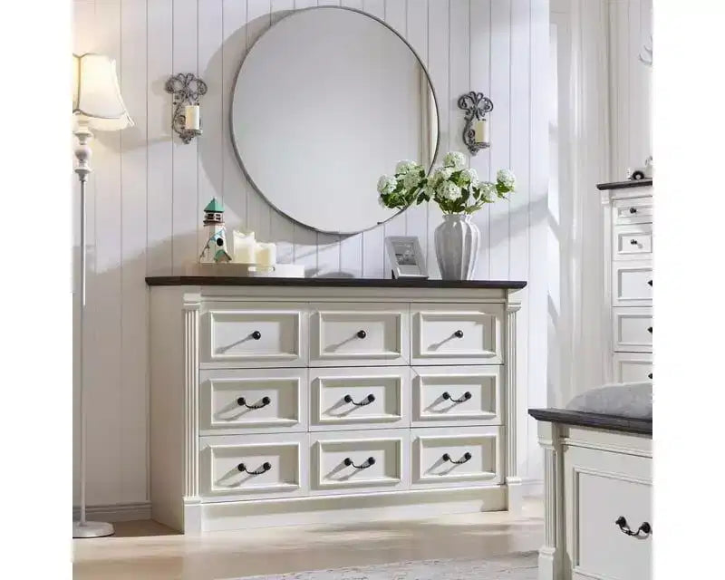 Credenza da fattoria da 55 pollici con 9 cassetti, ampio armadio rustico in legno con colonna romana per la camera da letto