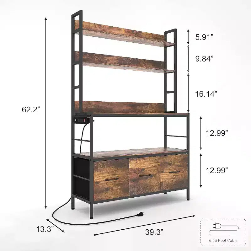Scaffale da Panettiere a 5 Ripiani Autoportante con Presa di Corrente, Scaffale da Cucina con Cassetti + Ganci, per Forno, Macchina del Pane, Centrifuga, Conservazione Spezie-Lattine