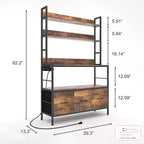 Scaffale da Panettiere a 5 Ripiani Autoportante con Presa di Corrente, Scaffale da Cucina con Cassetti + Ganci, per Forno, Macchina del Pane, Centrifuga, Conservazione Spezie-Lattine