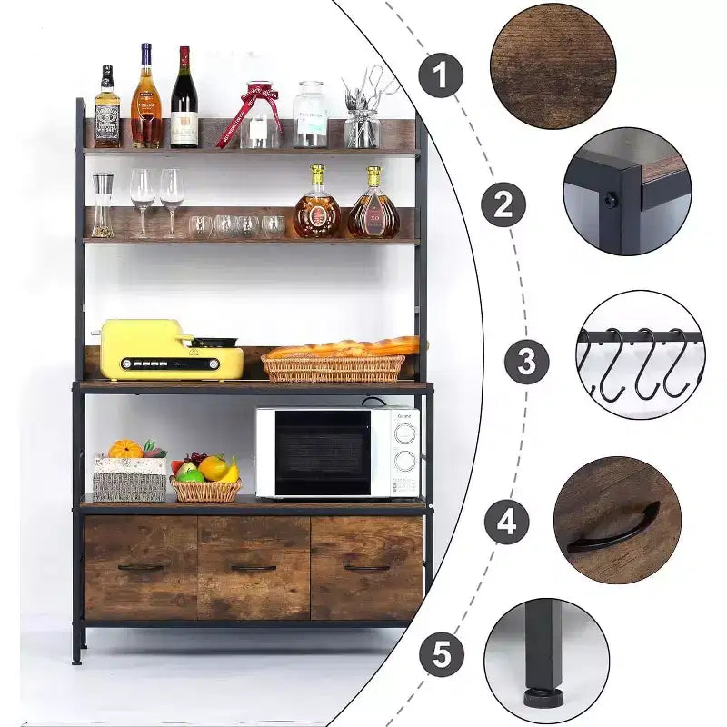 Scaffale da Panettiere a 5 Ripiani Autoportante con Presa di Corrente, Scaffale da Cucina con Cassetti + Ganci, per Forno, Macchina del Pane, Centrifuga, Conservazione Spezie-Lattine