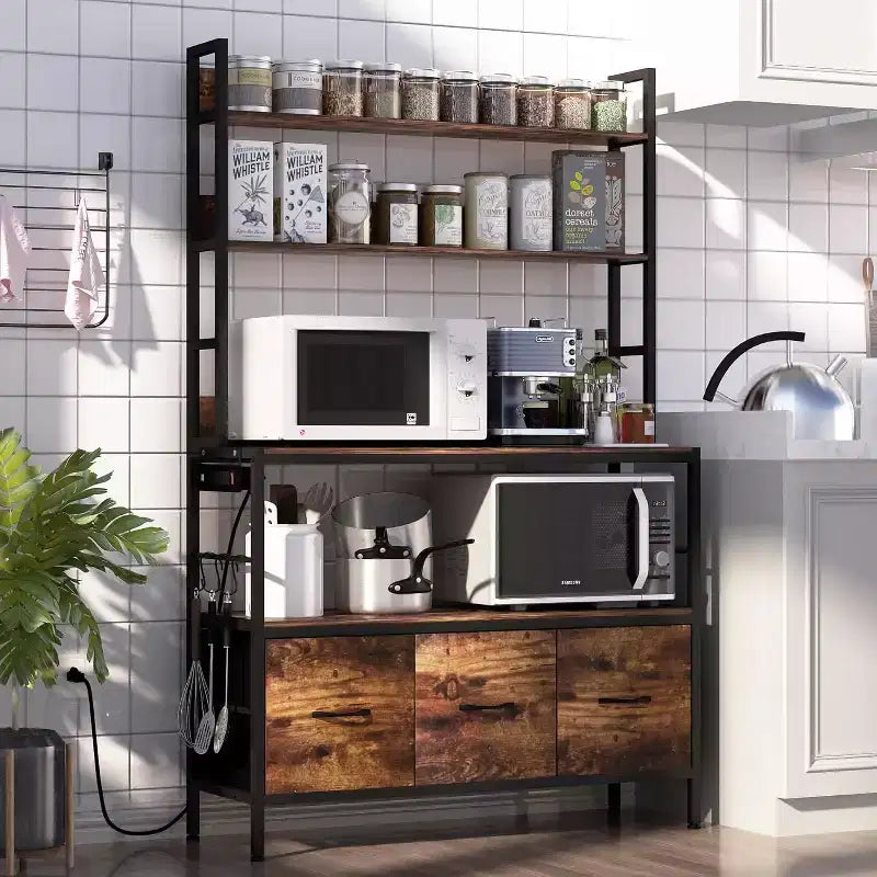 Scaffale da Panettiere a 5 Ripiani Autoportante con Presa di Corrente, Scaffale da Cucina con Cassetti + Ganci, per Forno, Macchina del Pane, Centrifuga, Conservazione Spezie-Lattine