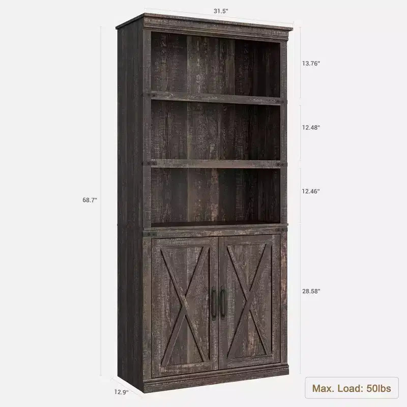 Libreria a 5 Ripiani, Libreria Stile Rustico con Armadietto, Libreria Alta 174,5 cm con Ante Contenitore, Libreria in Legno a 5 Ripiani per Ufficio Domestico