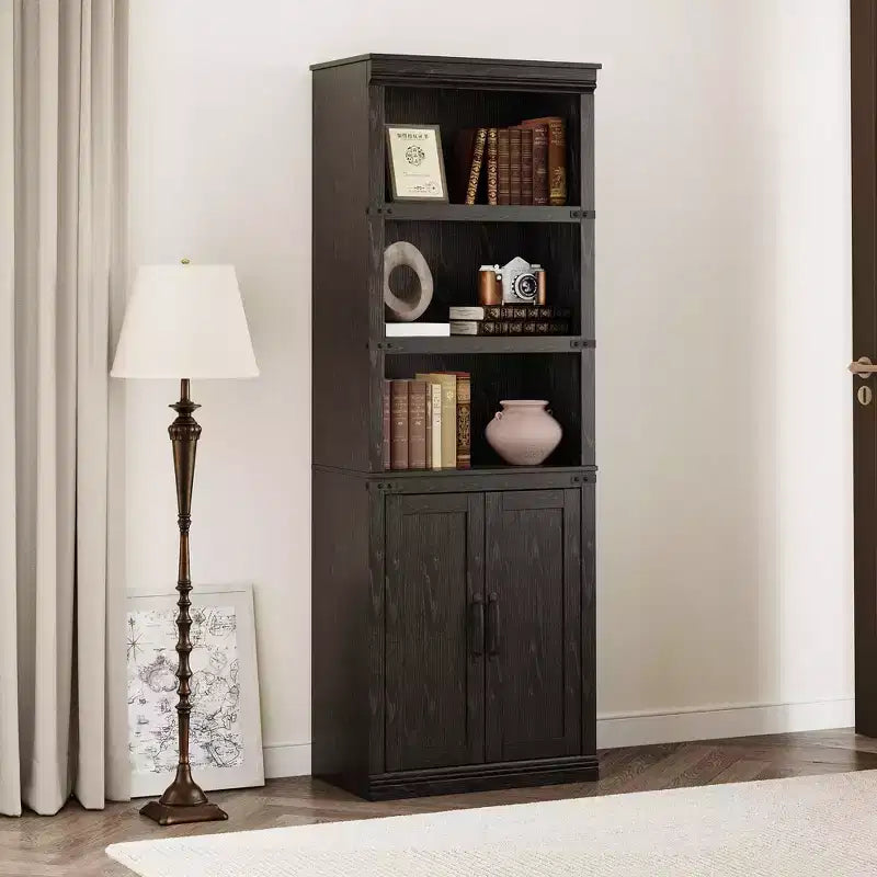 Libreria a 5 Ripiani, Libreria Stile Rustico con Armadietto, Libreria Alta 174,5 cm con Ante Contenitore, Libreria in Legno a 5 Ripiani per Ufficio Domestico