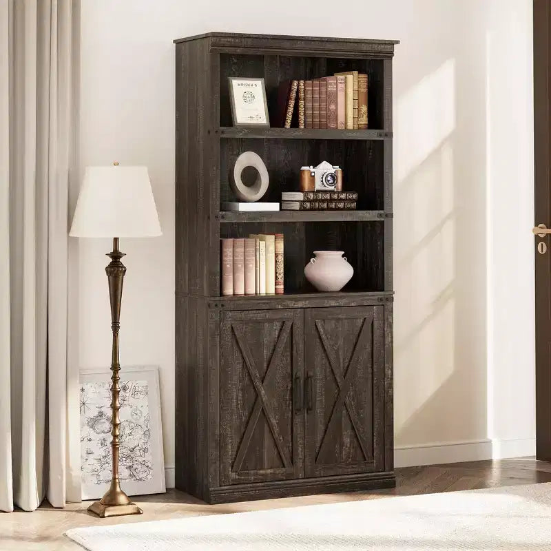 Libreria a 5 Ripiani, Libreria Stile Rustico con Armadietto, Libreria Alta 174,5 cm con Ante Contenitore, Libreria in Legno a 5 Ripiani per Ufficio Domestico