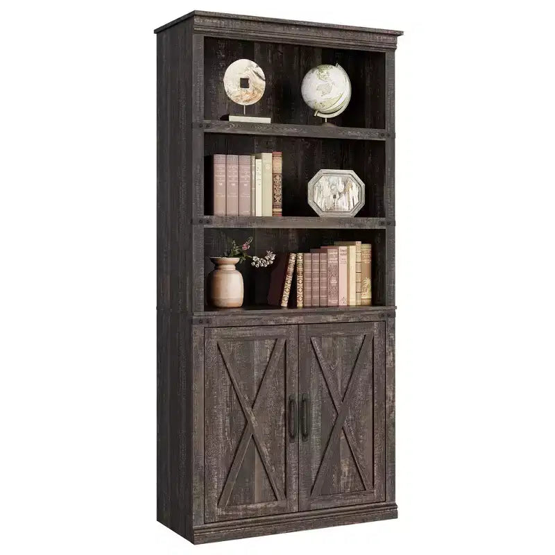 GustoWave 5 Tier Book Shelf, Farmhouse Book Case with Cabinet, 68.7 Tall Book Shelf with Storage Doors, Wooden 5 Shelf Book Case for Home Office
