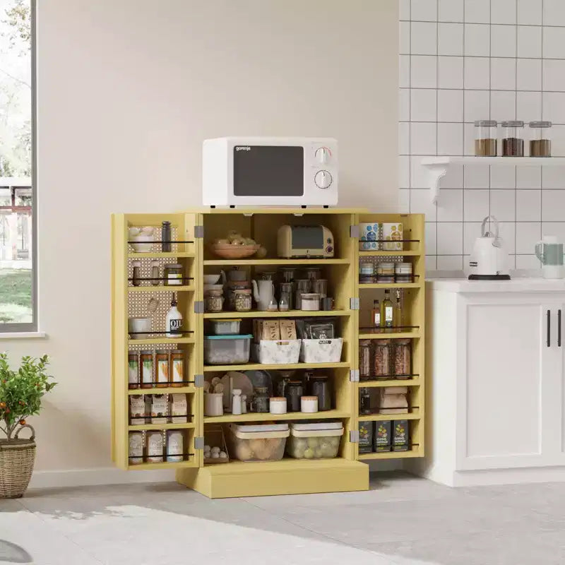 Mobile dispensa, mobiletto da cucina in rattan con 2 ante e ripiani regolabili, armadio autoportante per alimenti da 103 cm di altezza per sala da pranzo