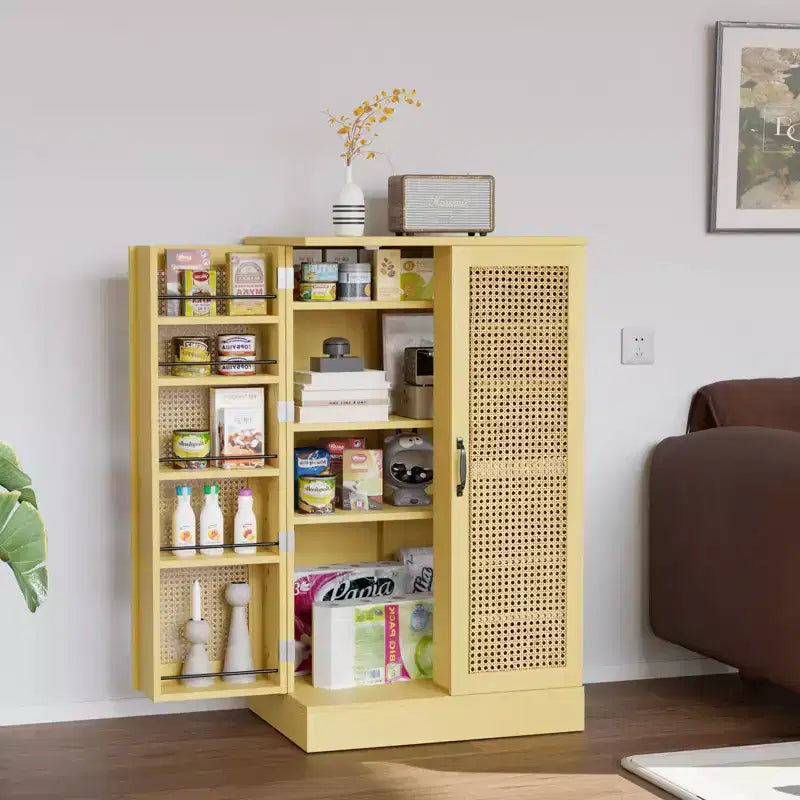 Mobile dispensa, mobiletto da cucina in rattan con 2 ante e ripiani regolabili, armadio autoportante per alimenti da 103 cm di altezza per sala da pranzo