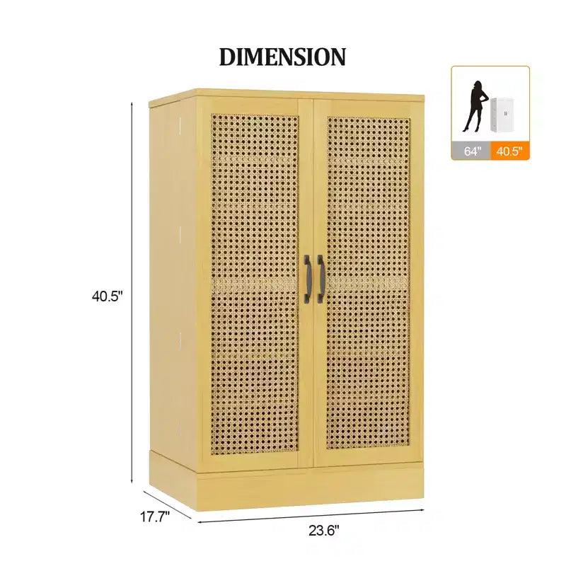 Mobile dispensa, mobiletto da cucina in rattan con 2 ante e ripiani regolabili, armadio autoportante per alimenti da 103 cm di altezza per sala da pranzo