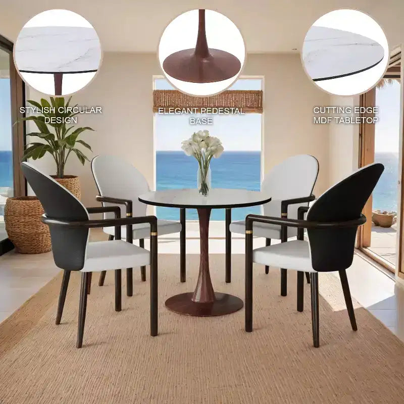Tavolo da pranzo rotondo Bristol, piano in MDF con base a piedistallo in acciaio e legno di noce, tavolo d'accento moderno per cucina e sala da pranzo per piccoli spazi