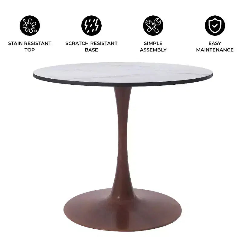 Tavolo da pranzo rotondo Bristol, piano in MDF con base a piedistallo in acciaio e legno di noce, tavolo d'accento moderno per cucina e sala da pranzo per piccoli spazi