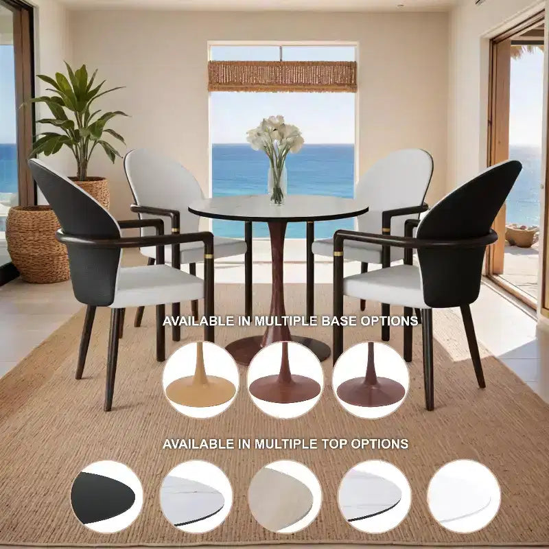 Tavolo da pranzo rotondo Bristol, piano in MDF con base a piedistallo in acciaio e legno di noce, tavolo d'accento moderno per cucina e sala da pranzo per piccoli spazi