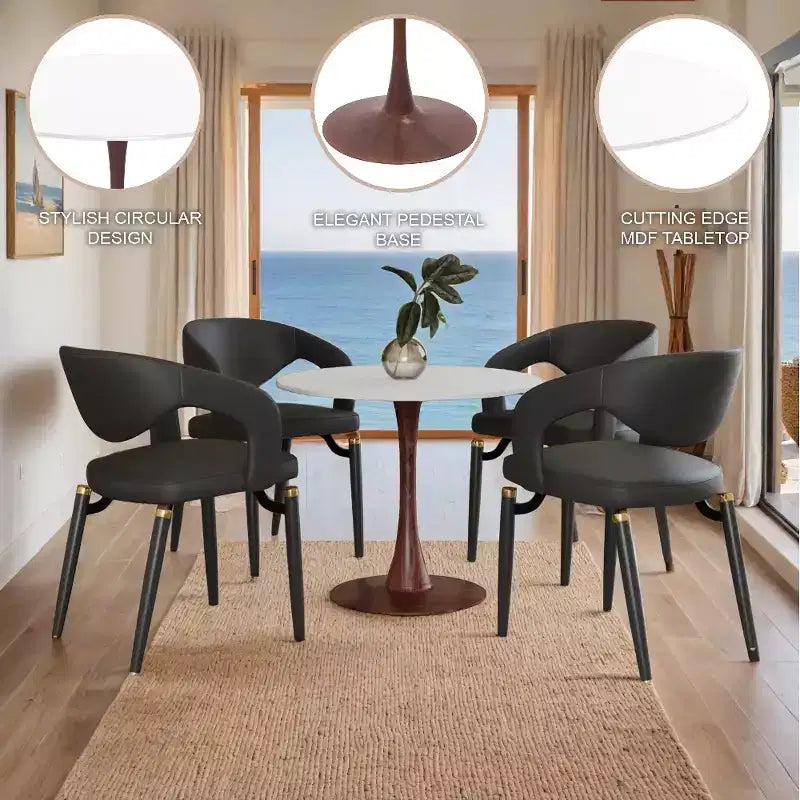 Tavolo da pranzo rotondo Bristol, piano in MDF con base a piedistallo in acciaio e legno di noce, tavolo d'accento moderno per cucina e sala da pranzo per piccoli spazi
