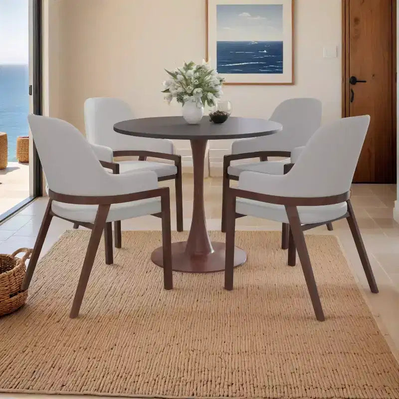 Tavolo da pranzo rotondo Bristol, piano in MDF con base a piedistallo in acciaio e legno di noce, tavolo d'accento moderno per cucina e sala da pranzo per piccoli spazi