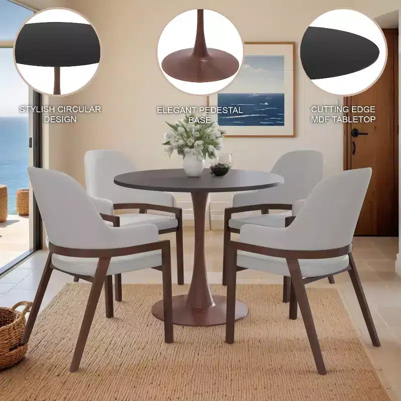Tavolo da pranzo rotondo Bristol, piano in MDF con base a piedistallo in acciaio e legno di noce, tavolo d'accento moderno per cucina e sala da pranzo per piccoli spazi
