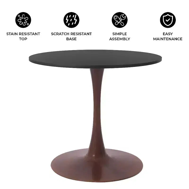 Tavolo da pranzo rotondo Bristol, piano in MDF con base a piedistallo in acciaio e legno di noce, tavolo d'accento moderno per cucina e sala da pranzo per piccoli spazi