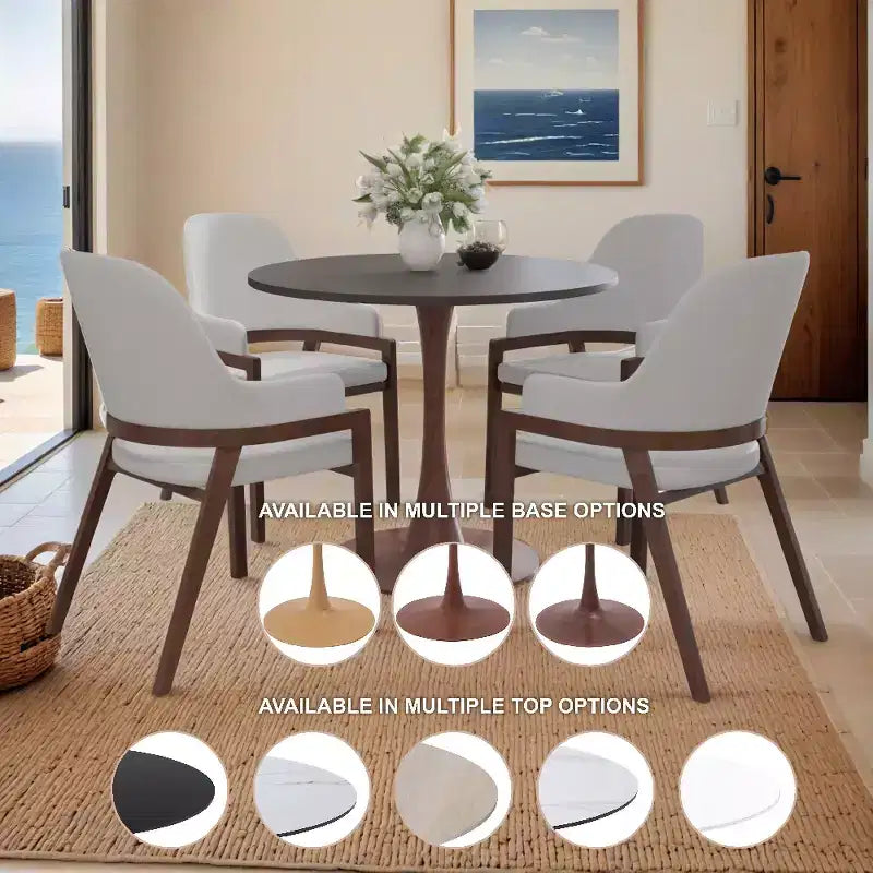 Tavolo da pranzo rotondo Bristol, piano in MDF con base a piedistallo in acciaio e legno di noce, tavolo d'accento moderno per cucina e sala da pranzo per piccoli spazi