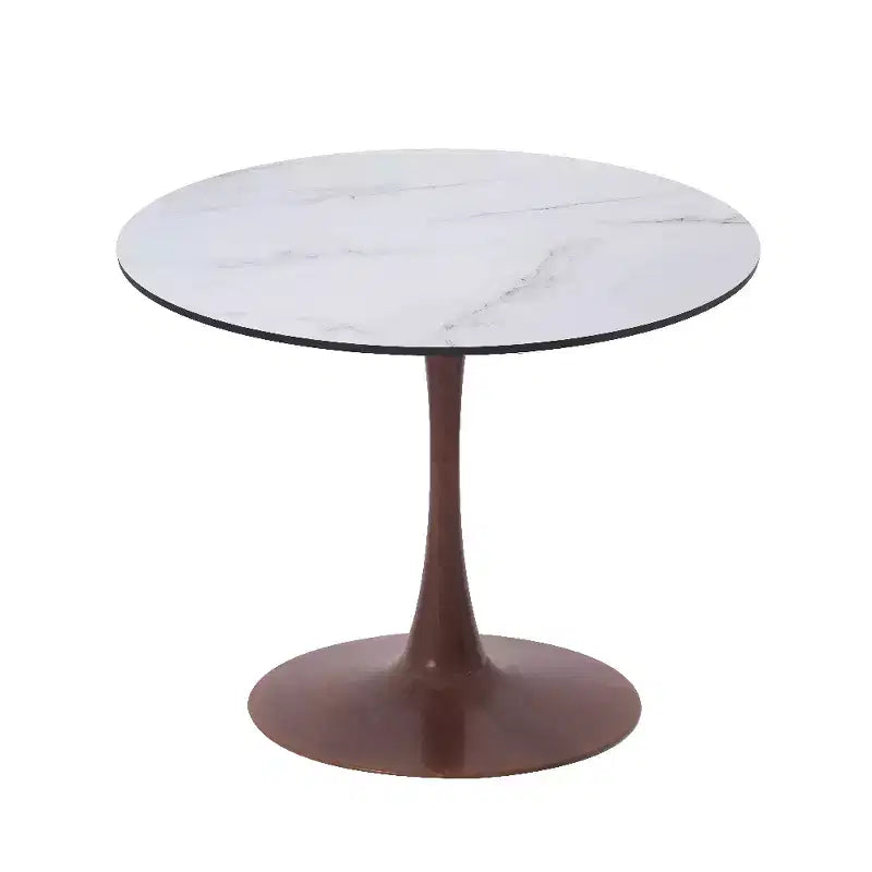 Tavolo da pranzo rotondo Bristol, piano in MDF con base a piedistallo in acciaio e legno di noce, tavolo d'accento moderno per cucina e sala da pranzo per piccoli spazi