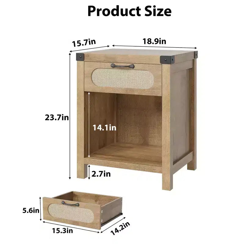 Comodino con cassetto, comodino moderno di metà secolo C con dettagli in rattan e ferro in stile Boho, contenitore compatto per camera da letto