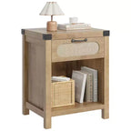 Comodino con cassetto, comodino moderno di metà secolo C con dettagli in rattan e ferro in stile Boho, contenitore compatto per camera da letto