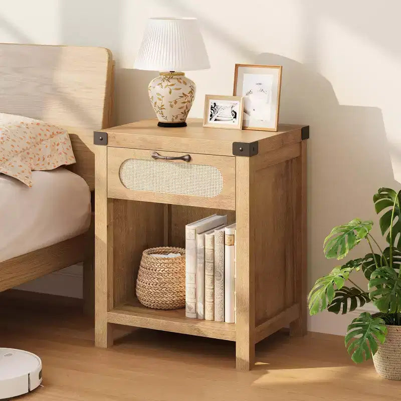 Comodino con cassetto, comodino moderno di metà secolo C con dettagli in rattan e ferro in stile Boho, contenitore compatto per camera da letto