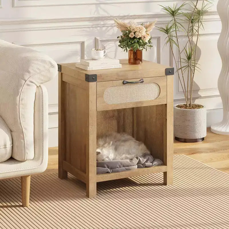 Comodino con cassetto, comodino moderno di metà secolo C con dettagli in rattan e ferro in stile Boho, contenitore compatto per camera da letto