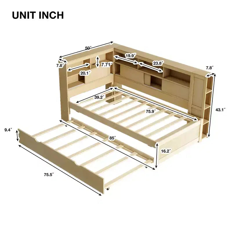 Divano letto singolo in legno con mensole portaoggetti e letto estraibile