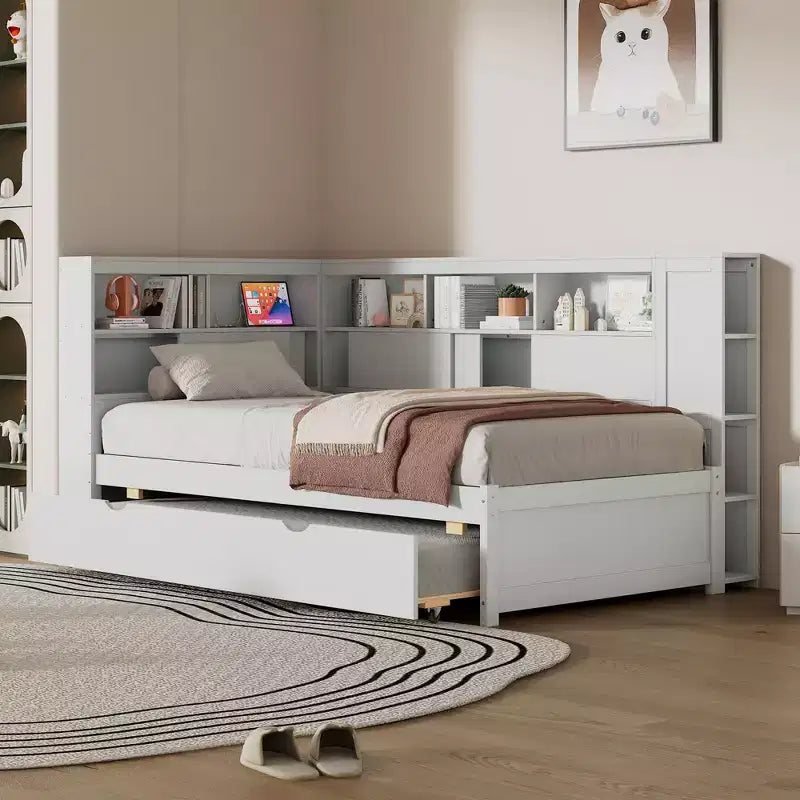 Divano letto singolo in legno con mensole portaoggetti e letto estraibile