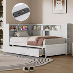 Divano letto singolo in legno con mensole portaoggetti e letto estraibile