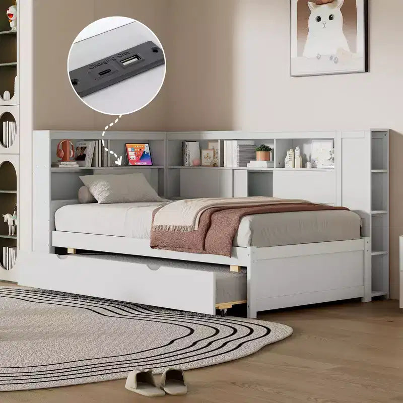 Divano letto singolo in legno con mensole portaoggetti e letto estraibile