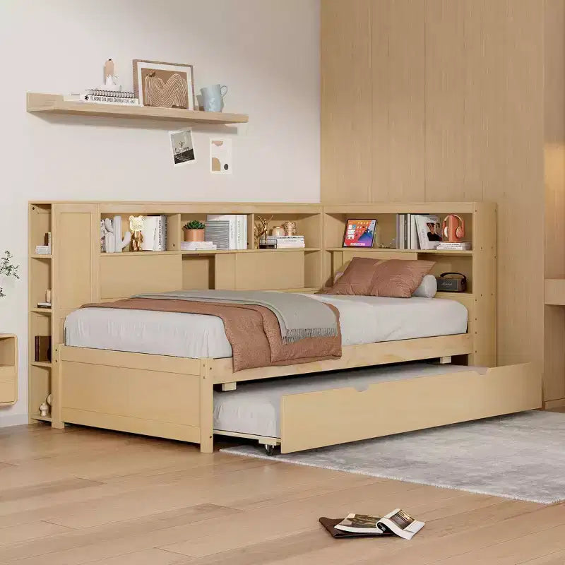 Divano letto singolo in legno con mensole portaoggetti e letto estraibile