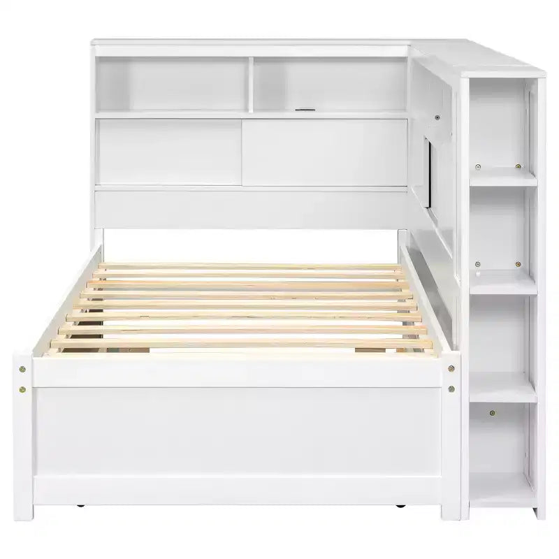 Divano letto singolo in legno con mensole portaoggetti e letto estraibile