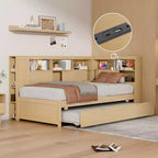 Divano letto singolo in legno con mensole portaoggetti e letto estraibile