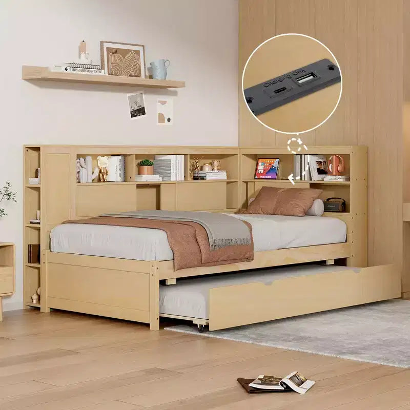 Divano letto singolo in legno con mensole portaoggetti e letto estraibile