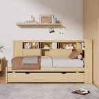 Divano letto singolo in legno con mensole portaoggetti e letto estraibile