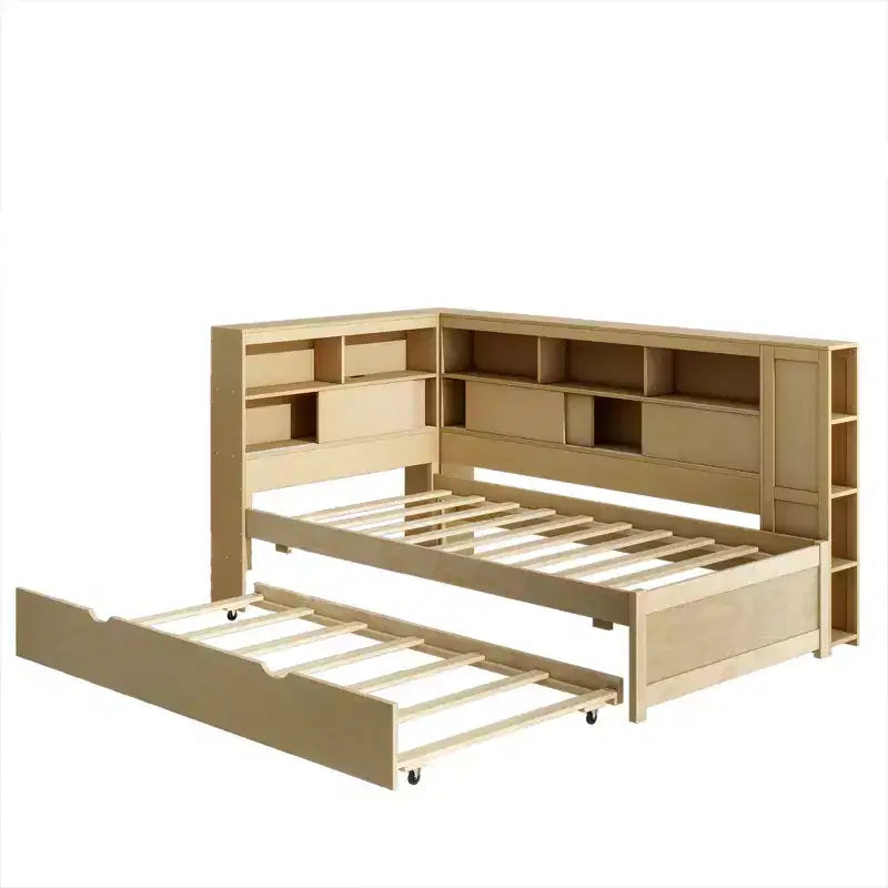 Divano letto singolo in legno con mensole portaoggetti e letto estraibile