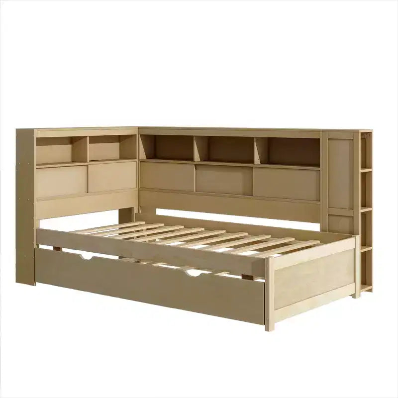 Divano letto singolo in legno con mensole portaoggetti e letto estraibile