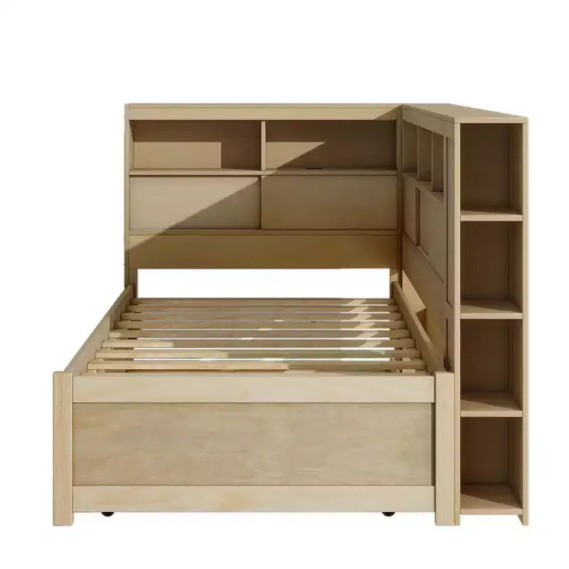 Divano letto singolo in legno con mensole portaoggetti e letto estraibile